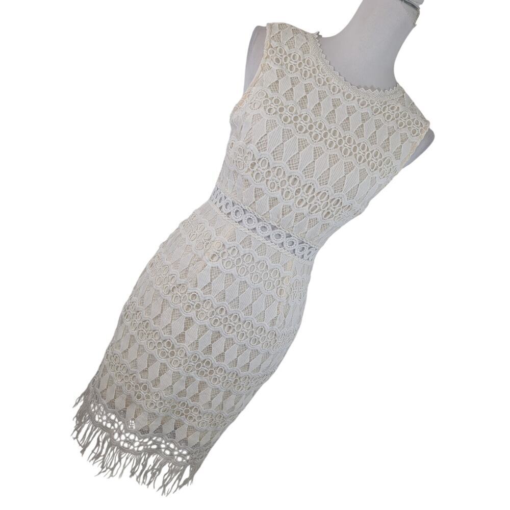 LULU'S! WHITE CROCHETED LACE OVER CREAM, PEEK-A-BOO WAISTLINE, FRINGED DRESS! S